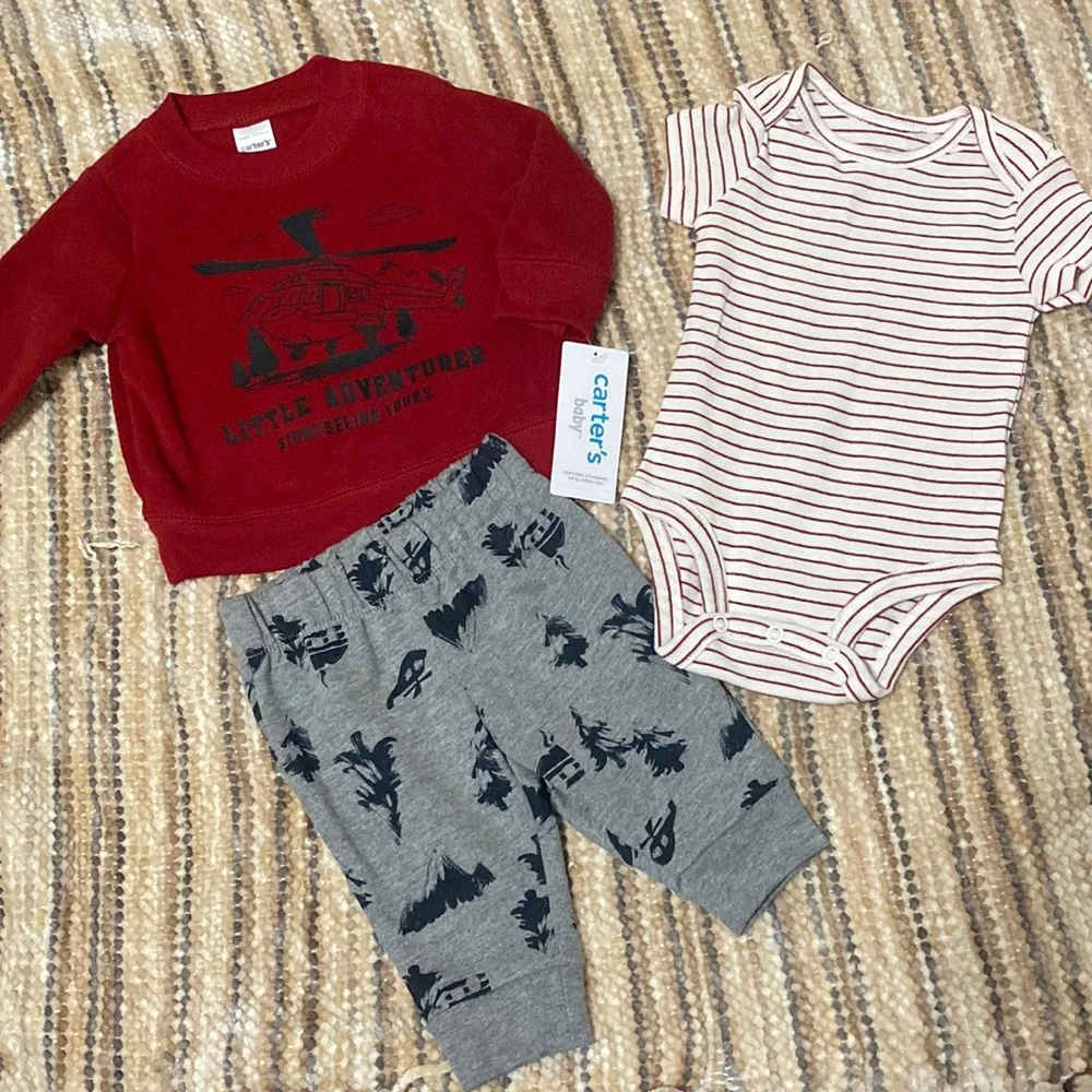 Carters Baby Boy Helicopter Mountain Sweatshirt Pants Onesie Outfit Set 3M